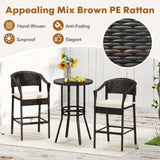 Tangkula 3-Piece Patio Rattan Bar Set, Wicker Bar Height Armchairs & Round Table w/Tempered Glass Top