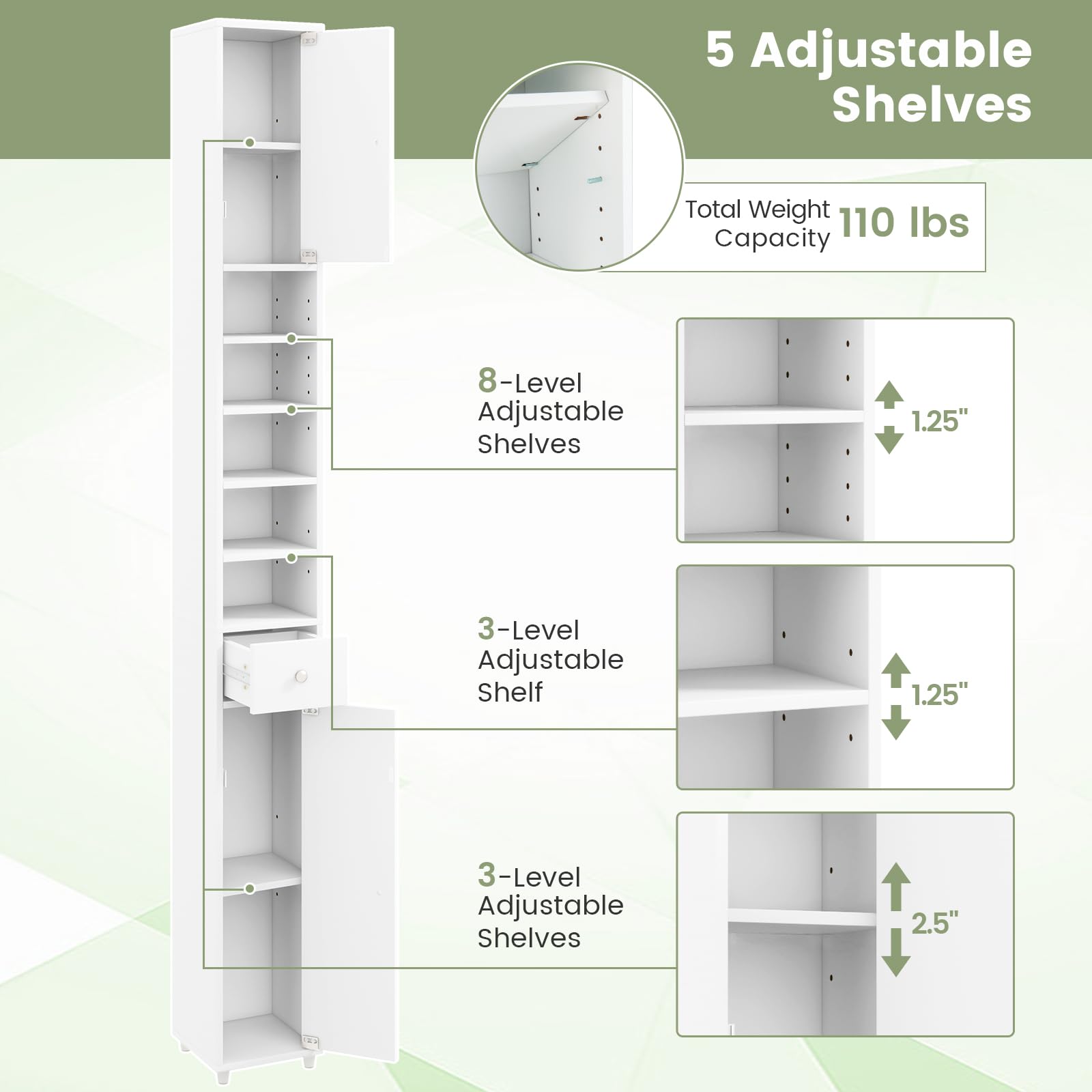 ANTSKU Tall Bathroom Cabinet with 5 Shelves and Drawer, Slim Storage Tower  with Adjustable Shelves and Cabinet, Narrow Bathroom Cabinet, Linen Cabinet