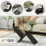 Tangkula Rectangle Glass Coffee Table, 47” Modern Center Table with Tempered Glass Tabletop & Geometric Rubber Wood Frame