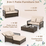 Tangkula Patio Adjustable Wicker Daybed, Rattan Loveseat & Storage Ottoman w/ 4-Level Backrest & Soft Cushions