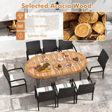 Tangkula 9 Pieces Patio Rattan Dining Set, Outdoor Oval Acacia Wood Dining Table and 8 Patio Wicker Armchairs Set with Umbrella Hole