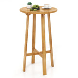 Tangkula Teak Wood Round Bar Table, 24” Bar Height Table with Footrest