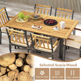 Tangkula 7 Pieces Patio Dining Set with Acacia Wood Dining Table & Armchairs, Soft Cushions, 2” Umbrella Hole