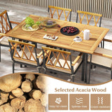 Tangkula 7-Piece Patio Dining Set, Acacia Wood Outdoor Furniture Set with 2” Umbrella Hole and Seat Cushions