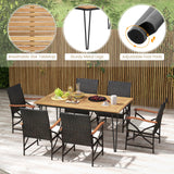 Tangkula 7 Pieces Patio Dining Set with Acacia Wood Dining Table, Rattan Armchairs, Soft Cushions