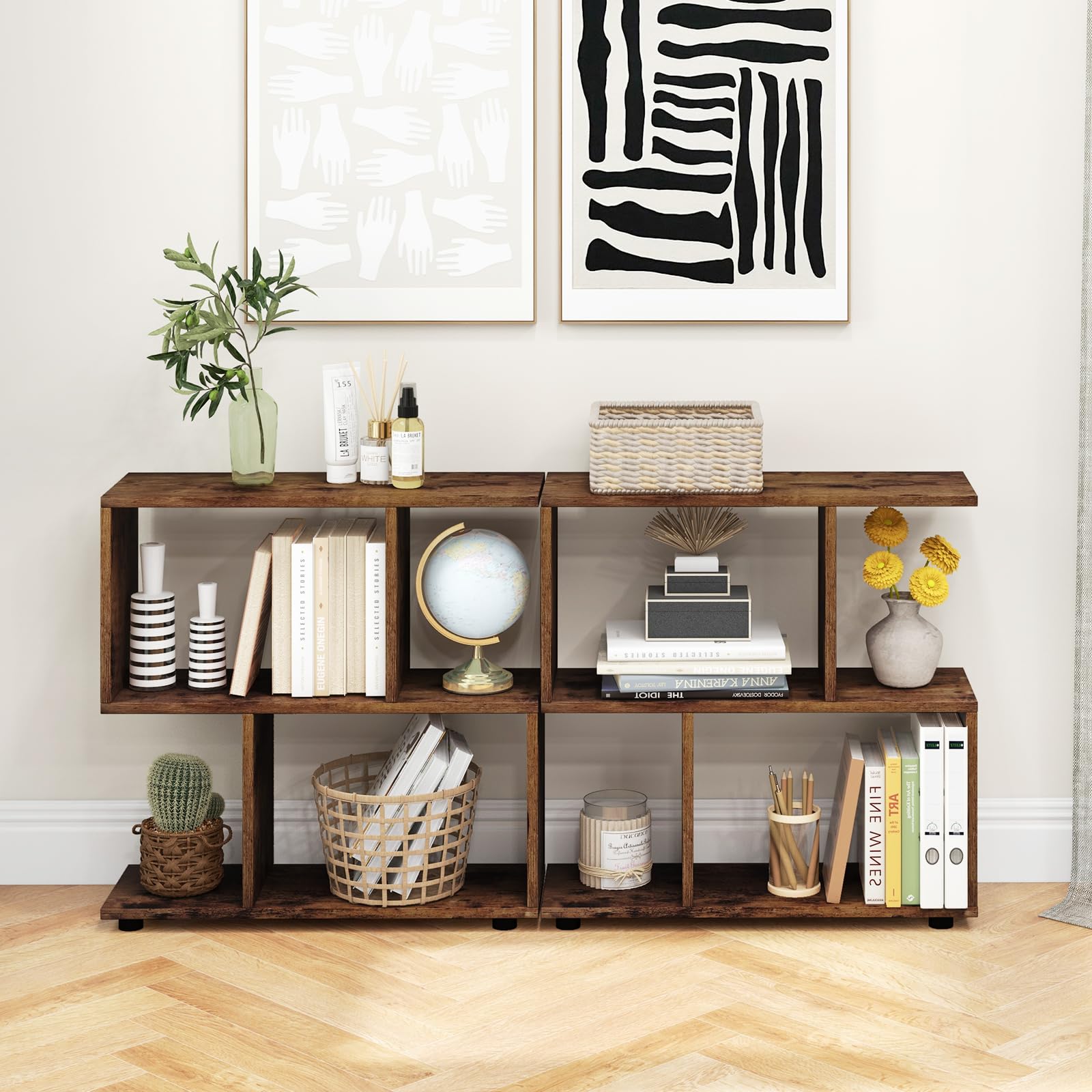 2 Tier Geometric Bookshelf, Freestanding Wood Display Shelf - Tangkula