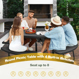 Tangkula 8 Person Picnic Table, Outdoor Round Picnic Table with 4 Built-in Benches, Umbrella Hole