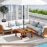 Tangkula Patio Coffee Table with Umbrella Hole, Outdoor Solid Wood Side Table with Slatted Tabletop & Teak Oil Finish