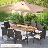 Tangkula 9 Pieces Patio Rattan Dining Set, Outdoor Oval Acacia Wood Dining Table and Wicker Armchairs Set with Umbrella Hole