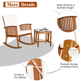 Tangkula 3 Pieces Acacia Wood Rocking Bistro Set, Rocker Chairs Conversation Set with Coffee Table and Cushions for Lawn, Balcony, Backyard