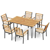 Tangkula 7 Pieces Patio Dining Set with Acacia Wood Dining Table & Armchairs, Soft Cushions, 2” Umbrella Hole