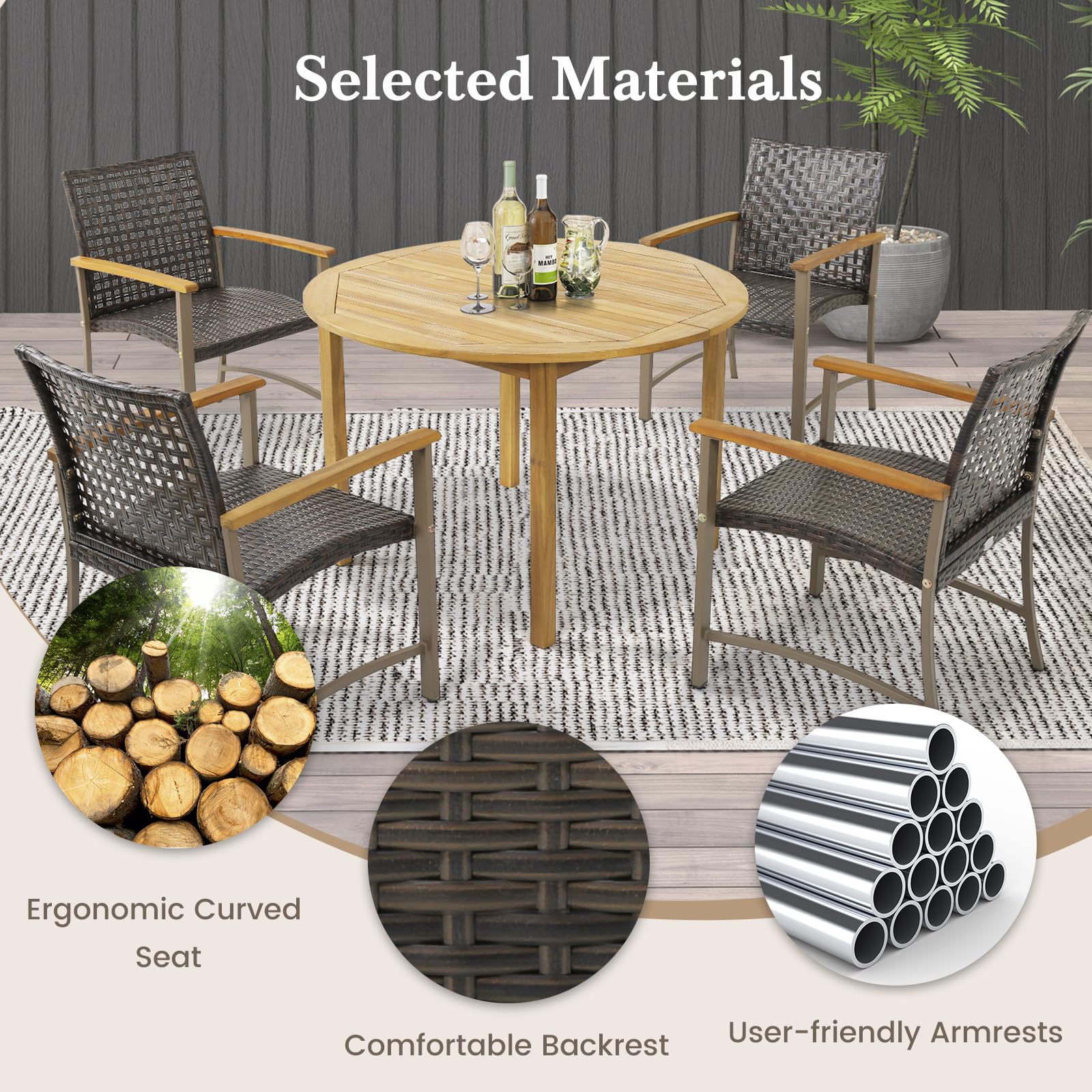 Outdoor PE Wicker & Heavy-Duty Metal Chairs with Acacia Wood Armrests - Tangkula