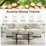 Tangkula Rattan Coffee Table, 40”L Boho Oval Acacia Wood Cocktail Table with Tempered Glass Tabletop & PE Rattan Storage Shelf