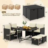 Tangkula 9 Pieces Outdoor Dining Furniture Set, Space-Saving Wicker Rattan Chairs & Tempered Glass Table with Ottomans