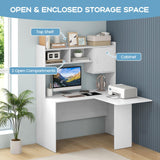 Tangkula L-Shaped Desk with Storage Hutch, Corner Computer Desk with Shelves & Cabinet, White