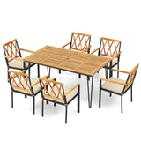 Tangkula 7-Piece Patio Dining Set, Acacia Wood Outdoor Furniture Set with 2” Umbrella Hole and Seat Cushions