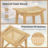 Tangkula Teak Wood Bar Stool, 29” Patio Rattan Barstool with Footrest & Saddle Seat