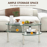 Glass Coffee Table, 2-Tier Modern Oval Smooth Glass Tea Table End Table