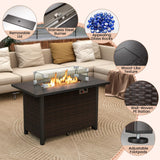 Tangkula Outdoor Propane Fire Pit Table, 42 Inch Rectangular Rattan Fire Table with Wind Guard & Glass Rocks