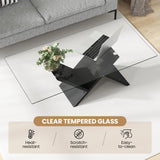 Tangkula Rectangle Glass Coffee Table, 47” Modern Center Table with Tempered Glass Tabletop & Geometric Rubber Wood Frame