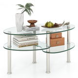 Glass Coffee Table, 2-Tier Modern Oval Smooth Glass Tea Table End Table