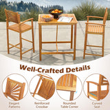 Tangkula 3 Piece Patio Bar Table & Chairs, Outdoor Acacia Wood Bar Set w/Slatted Seat & Tabletop