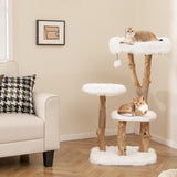 Tangkula Solid Wood Cat Tree, Modern Wooden Cat Tower with Perch, Jute Scratching Posts, Dangling Ball