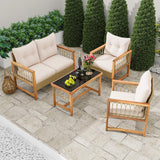 Tangkula 4 Pieces Patio Furniture Set, Outdoor PE Wicker Conversation Bistro Set with Acacia Wood Frame