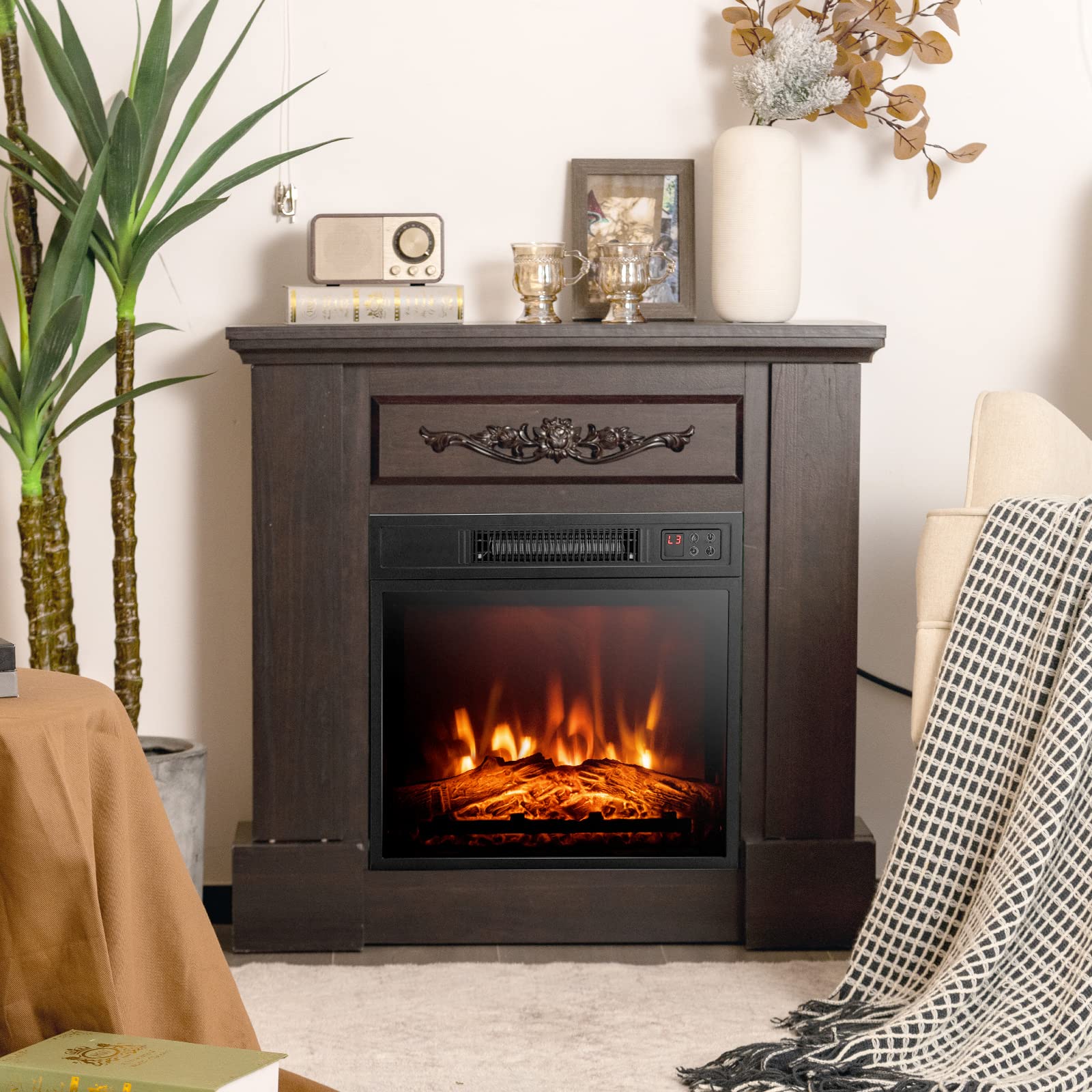 18" Electric Fireplace Heater, Freestanding & Recessed 1400 W Electric Stove Heater