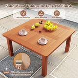 Tangkula Patio Coffee Table with Umbrella Hole, Outdoor Solid Wood Side Table with Slatted Tabletop & Teak Oil Finish