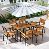 Tangkula 7 Piece Outdoor Dining Set for 6, Acacia Wood Rectangular Dining Table & 6 Armchairs w/Metal Frame