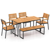 Tangkula 6 Pieces Outdoor Acacia Wood Dining Set, Patio Table and Chairs Set with Bench for 6-7 People