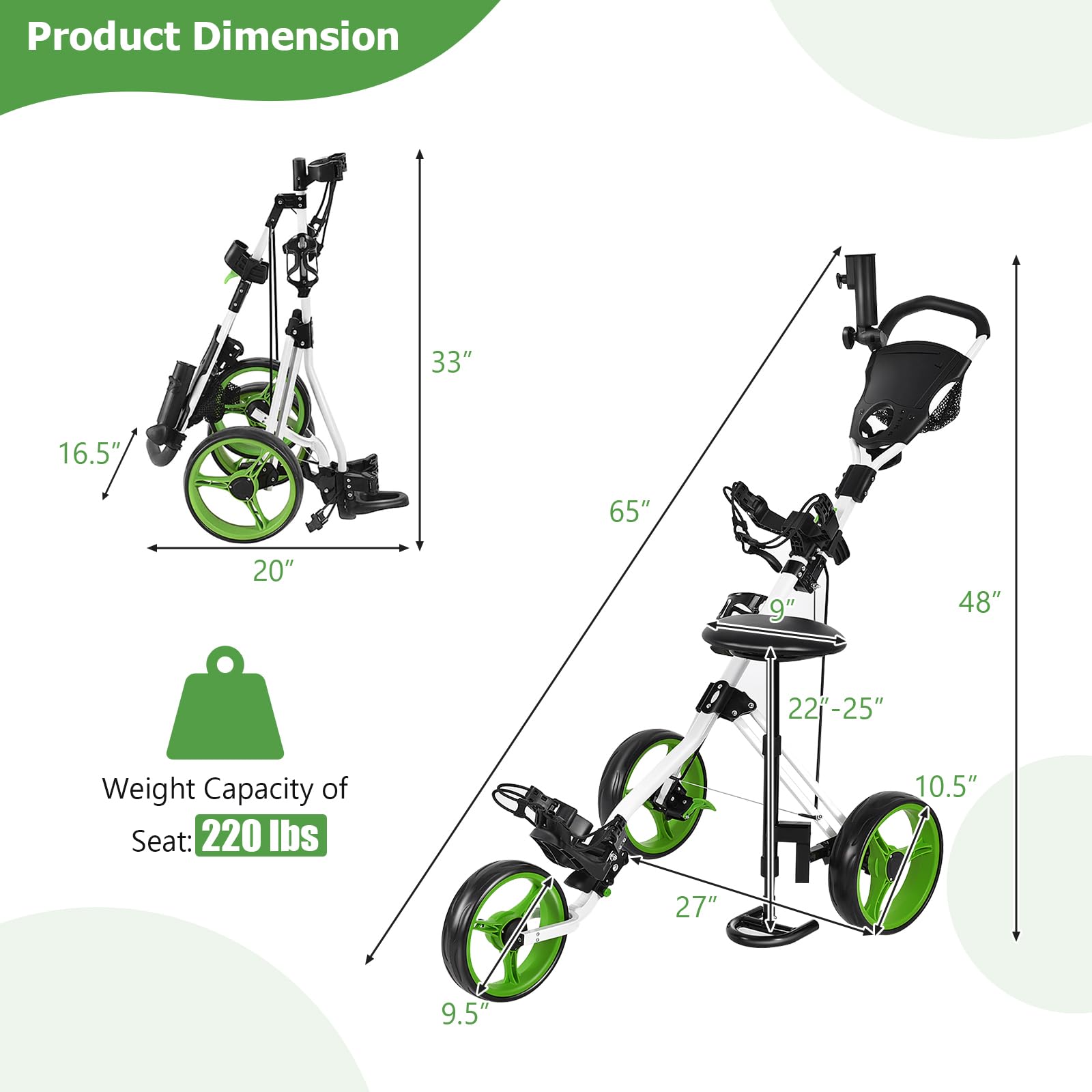 3-Wheel Golf Push Cart Lightweight Push Pull Golf Cart Trolley Sturdy  Foldable