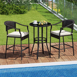 Tangkula 3-Piece Patio Rattan Bar Set, Wicker Bar Height Armchairs & Round Table w/Tempered Glass Top