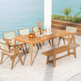 Tangkula 8-Person Outdoor Acacia Wood Dining Table, 79” x 35” Rectangular Bistro Table with 1.96” Umbrella Hole