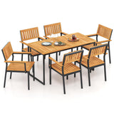 Tangkula 7 Piece Outdoor Dining Set for 6, Acacia Wood Rectangular Dining Table & 6 Armchairs w/Metal Frame