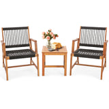 Tangkula 3 Pieces Acacia Wood Outdoor Furniture Set, All-Weather Rope Woven Bistro Set with Armchairs and Coffee Table