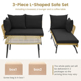 Tangkula Outdoor Wicker Furniture Set, 3-Piece L-Shaped Patio Sofa with Cushions & Tempered Glass Table