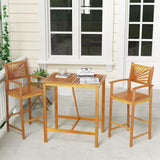 Tangkula 3 Piece Patio Bar Table & Chairs, Outdoor Acacia Wood Bar Set w/Slatted Seat & Tabletop