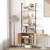 Tangkula 71"H Ladder Bookshelf with Cabinet, Farmhouse 6-Tier Wall Mounted Bookcase with Rattan Cabinet & Metal Frame