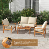 Tangkula 4 Pieces Patio Furniture Set, Outdoor Acacia Wood Conversation Set with Soft Cushions and Coffee Table