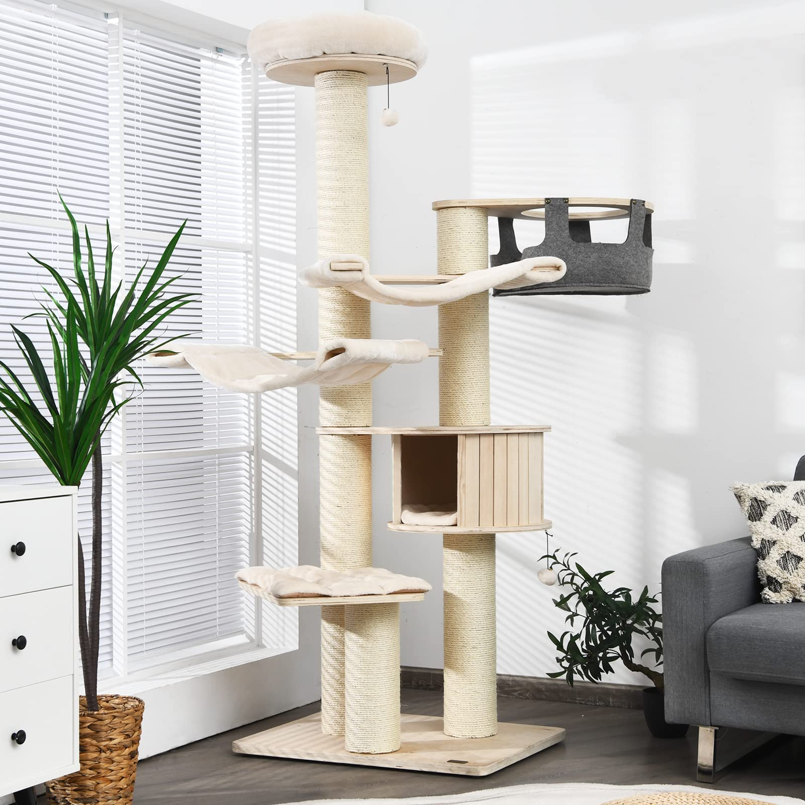 Tangkula Modern Cat Tree, Multi-Level Large Cat Tower with Sisal Scratching Posts, Hammocks, Hanging Basket