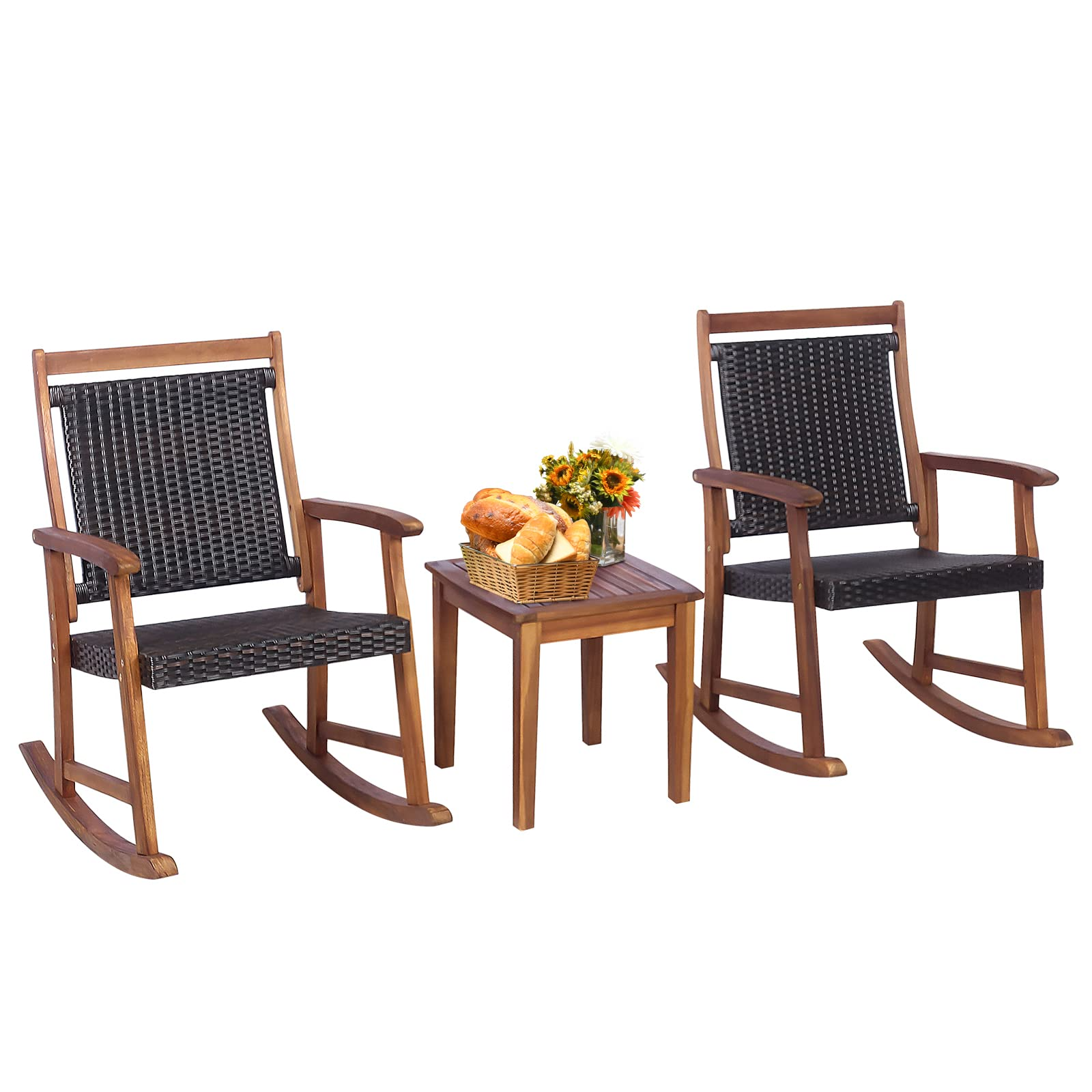 Tangkula 3 Pieces Patio Rocking Chair Set, Patiojoy Acacia Wood Rocker with Side Table, Outdoor Rocking Chairs with Wicker Rattan Seat & Backrest