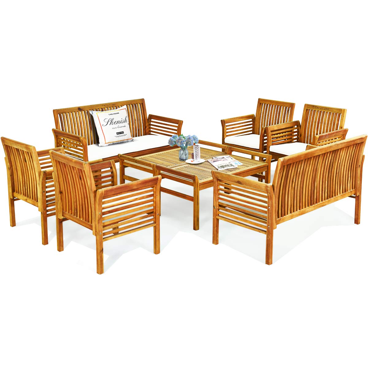 Tangkula 4 or 8 Piece Outdoor Acacia Wood Sofa Set, Padded Patio Conversation Table Chair Set