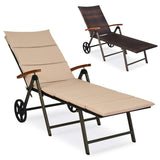 Tangkula Foldable Outdoor Chaise, Wicker Lounger Chair with Aluminum Frame, with Wheels for Easy Moving