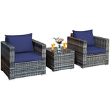 3 Pieces Patio Furniture Set, PE Rattan Wicker Sofa Set w/Washable Cushion and Tempered Glass Tabletop