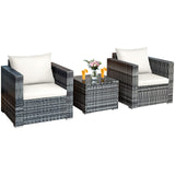 3 Pieces Patio Furniture Set, PE Rattan Wicker Sofa Set w/Washable Cushion and Tempered Glass Tabletop