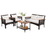 Tangkula 4-Piece Patio Furniture Set, Patiojoy Acacia Wood Outdoor PE Wicker Conversation Set with Cushions (Off White)