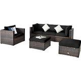 6 Pieces Patio Rattan Sectional Furniture Set, Outdoor Wicker Conversation Set with Glass Coffee Table Sofa Ottoman