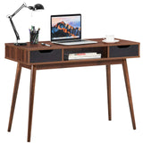 Tangkula Writing Desk with Drawers, Mid Century Home Office Desk Computer Desk (Oak & Walnut)